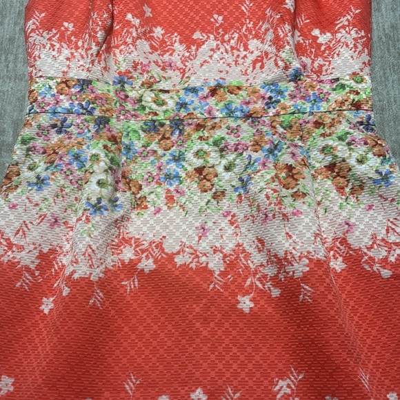 Sz 14 Tahari Arthur Levine Orange/Coral wildflowers sheath dress sleeveless - Picture 3 of 7